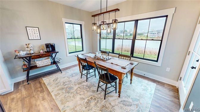 Dining room, Interior, Pendant Lights, Wood Texture Flooring