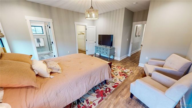Bedroom, Interior, Pendant Lights, Wood Texture Flooring