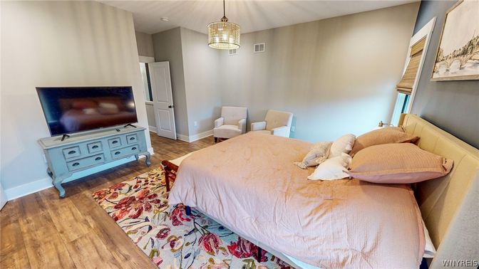 Bedroom, Interior, Pendant Lights, Wood Texture Flooring