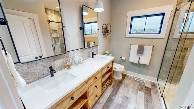 Bathroom, Dual Sink Vanities, Glass Shower, Interior, Wood Texture Flooring