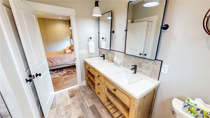 Bathroom, Bedroom, Dual Sink Vanities, Interior, Recessed Lighting, Wood Texture Flooring