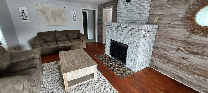 Fireplace, Interior, Living room, Stone Walls, Wood Texture Flooring, Wooden Walls