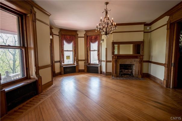Chandelier, Empty room, Fireplace, Interior, Wood Texture Flooring