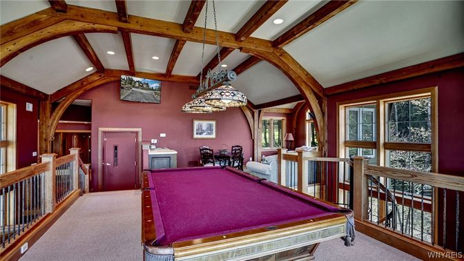 Billiard Table, Game Room, Interior, Pendant Lights, Recessed Lighting, Wooden Beams