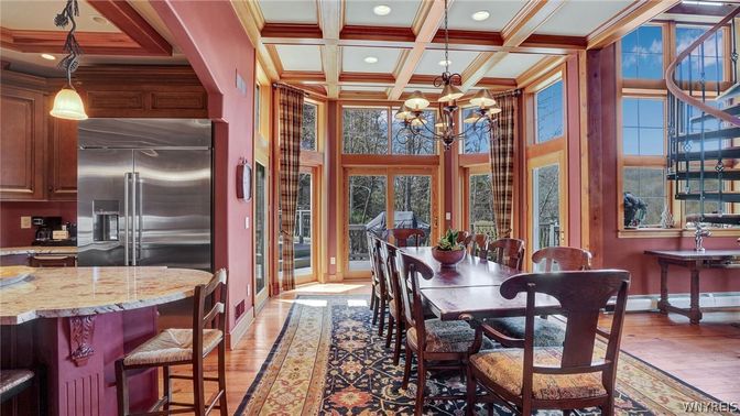 Chandelier, Dining room, Interior, Kitchen, Pendant Lights, Recessed Lighting, Stainless Steel Appliances, Wooden Beams, Wood Texture Flooring