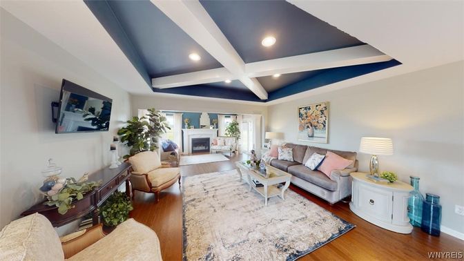 Fireplace, Interior, Living room, Recessed Lighting, Wood Texture Flooring