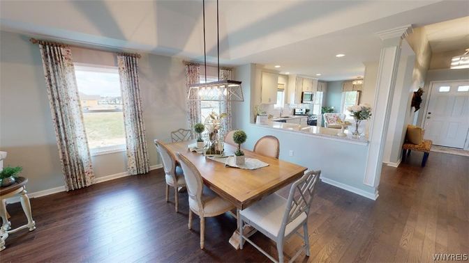 Dining room, Interior, Kitchen, Pendant Lights, Recessed Lighting, Wood Texture Flooring