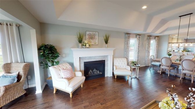Dining room, Fireplace, Interior, Pendant Lights, Recessed Lighting, Wood Texture Flooring