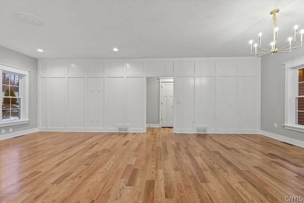 Chandelier, Empty room, Interior, Recessed Lighting, Wood Texture Flooring