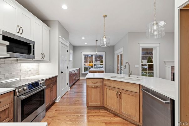 Interior, Kitchen, Pendant Lights, Recessed Lighting, Stainless Steel Appliances, Wood Texture Flooring