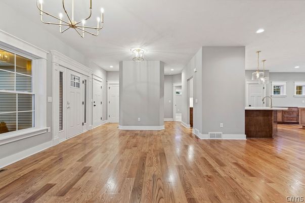 Chandelier, Empty room, Interior, Kitchen, Pendant Lights, Recessed Lighting, Wood Texture Flooring