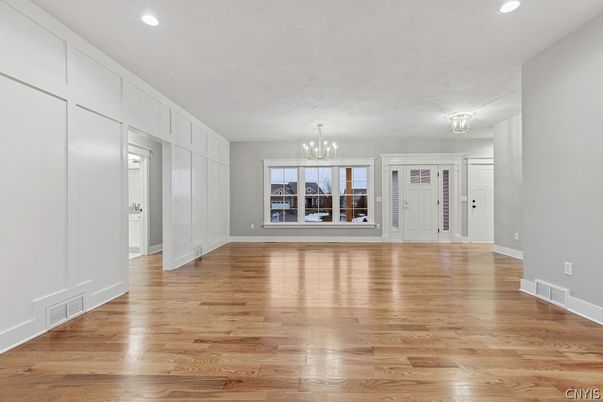 Chandelier, Empty room, Interior, Recessed Lighting, Wood Texture Flooring