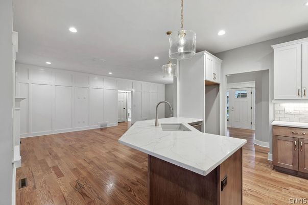 Interior, Kitchen, Pendant Lights, Recessed Lighting, Wood Texture Flooring