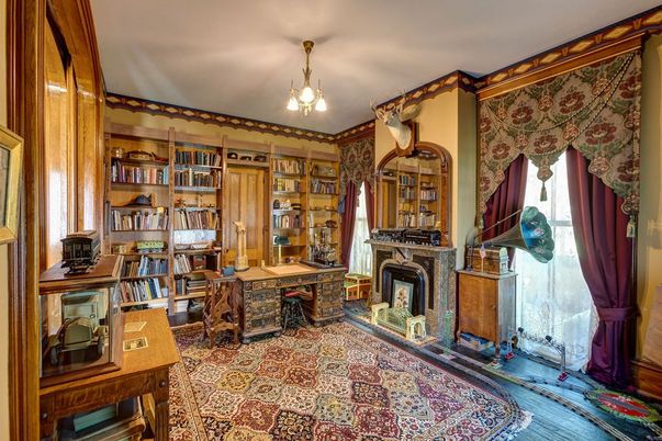 Chandelier, Fireplace, Home Office, Interior, Wood Texture Flooring