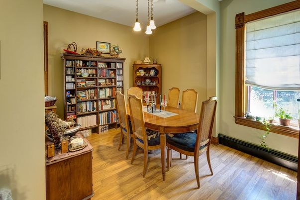 Dining room, Interior, Pendant Lights, Wood Texture Flooring