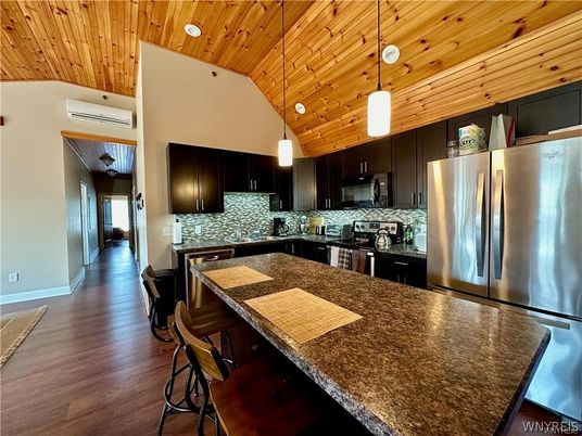 Interior, Kitchen, Pendant Lights, Recessed Lighting, Stainless Steel Appliances, Wooden Ceilings, Wood Texture Flooring