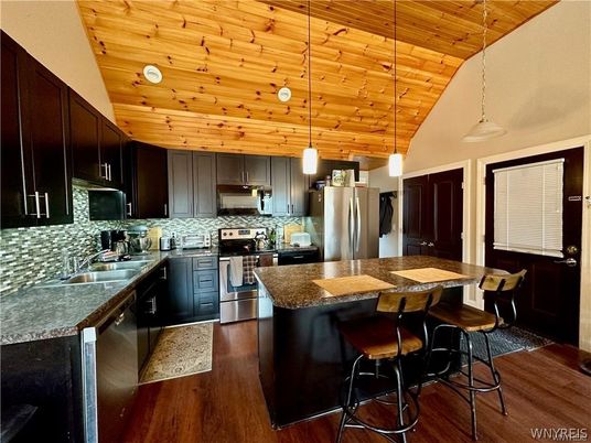 Interior, Kitchen, Pendant Lights, Stainless Steel Appliances, Wooden Ceilings, Wood Texture Flooring
