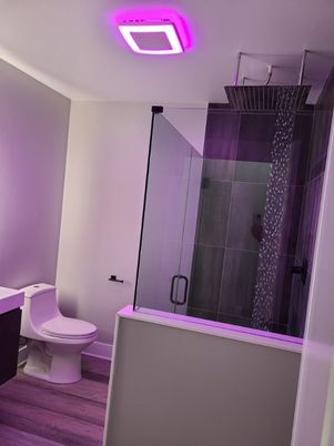 Bathroom, Glass Shower, Interior, Wood Texture Flooring