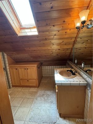 Bathroom, Dual Sink Vanities, Interior, Tile Countertops, Wooden Ceilings, Wooden Walls