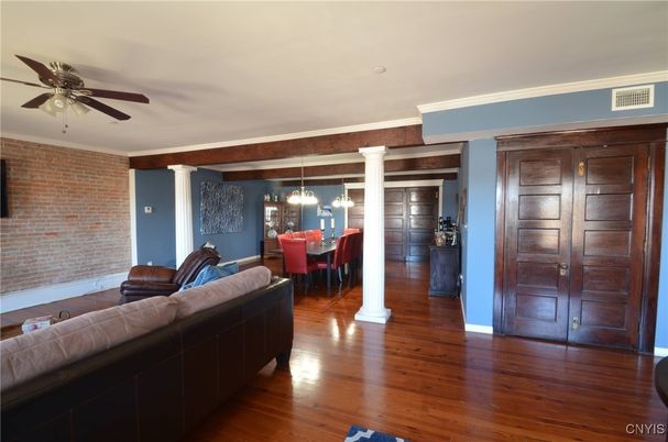 Dining room, Interior, Living room, Pendant Lights, Stone Walls, Wood Texture Flooring