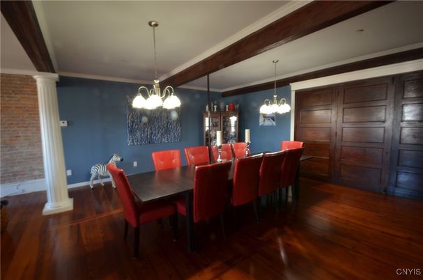 Chandelier, Dining room, Interior, Pendant Lights, Stone Walls, Wooden Beams, Wood Texture Flooring
