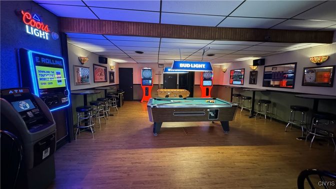 Billiard Table, Game Room, Interior, Pendant Lights, Wood Texture Flooring