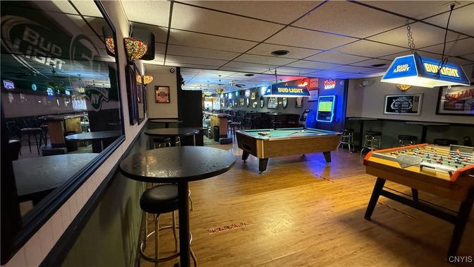 Billiard Table, Game Room, Interior, Pendant Lights, Wood Texture Flooring