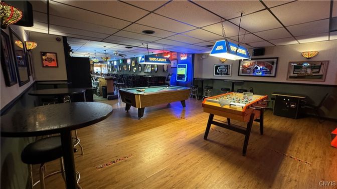 Billiard Table, Game Room, Interior, Pendant Lights, Wood Texture Flooring