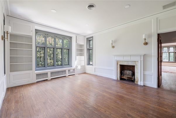 Empty room, Fireplace, Interior, Recessed Lighting, Wood Texture Flooring