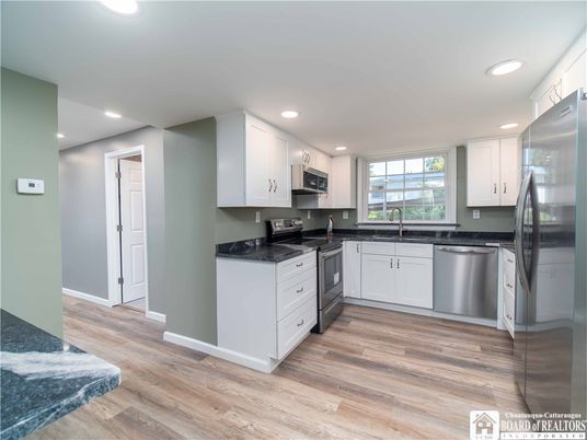 Interior, Kitchen, Recessed Lighting, Stainless Steel Appliances, Wood Texture Flooring