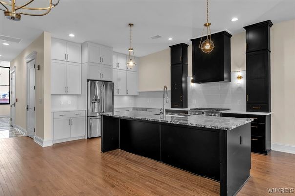 Interior, Kitchen, Pendant Lights, Recessed Lighting, Stainless Steel Appliances, Wood Texture Flooring