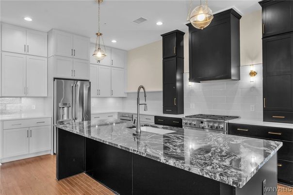 Interior, Kitchen, Pendant Lights, Recessed Lighting, Stainless Steel Appliances, Wood Texture Flooring