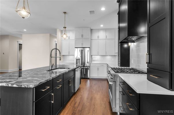 Interior, Kitchen, Pendant Lights, Recessed Lighting, Stainless Steel Appliances, Wood Texture Flooring