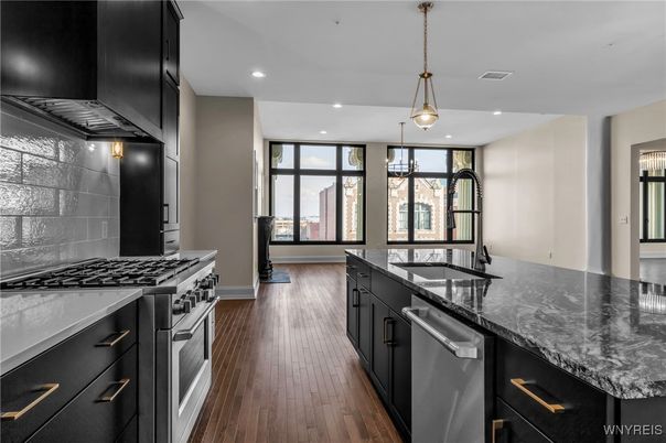 Interior, Kitchen, Pendant Lights, Recessed Lighting, Stainless Steel Appliances, Wood Texture Flooring