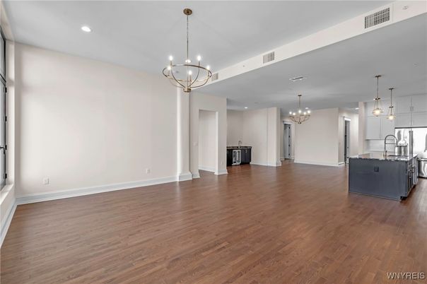Chandelier, Empty room, Interior, Kitchen, Pendant Lights, Recessed Lighting, Wood Texture Flooring