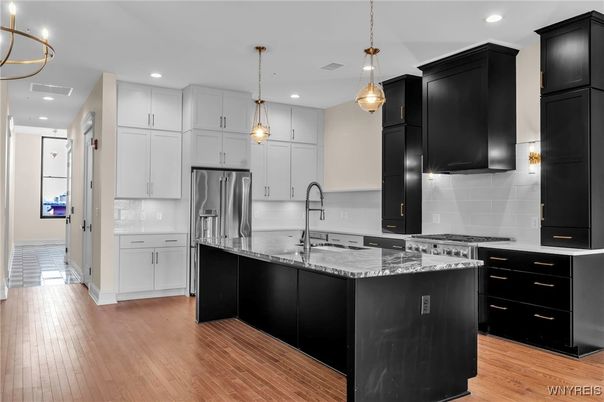 Interior, Kitchen, Pendant Lights, Recessed Lighting, Stainless Steel Appliances, Wood Texture Flooring