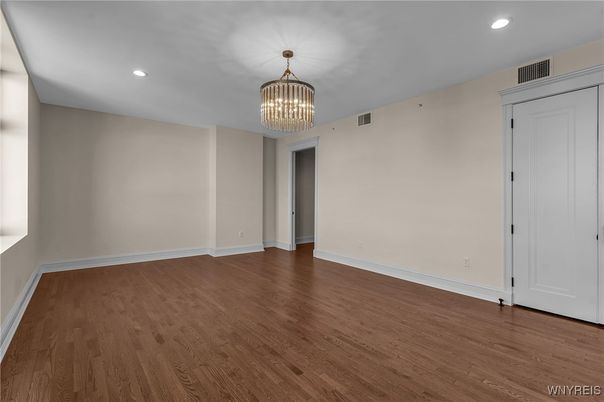Chandelier, Empty room, Interior, Recessed Lighting, Wood Texture Flooring