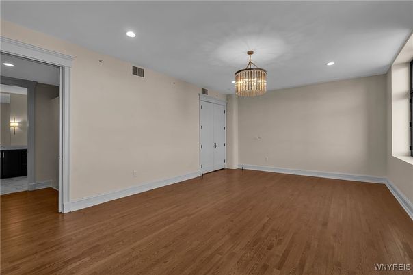 Chandelier, Empty room, Interior, Recessed Lighting, Wood Texture Flooring