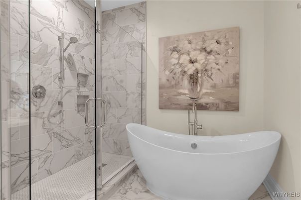 Bathroom, Free Standing Baths, Glass Shower, Interior, Marble, Marble Walls