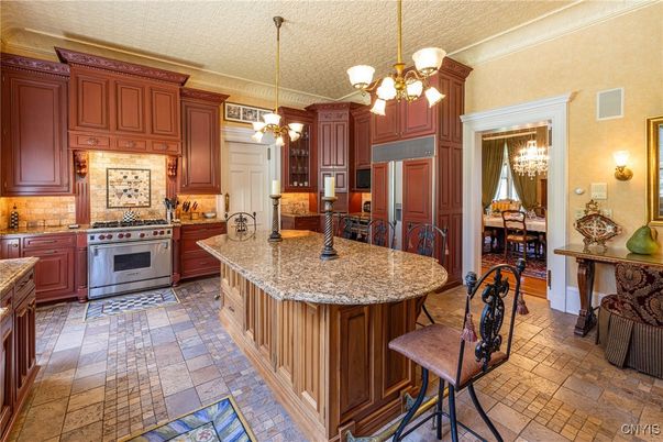 Chandelier, Interior, Kitchen, Pendant Lights, Stainless Steel Appliances