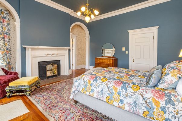 Bedroom, Fireplace, Interior, Pendant Lights, Wood Texture Flooring