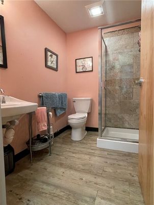 Bathroom, Glass Shower, Interior, Wood Texture Flooring