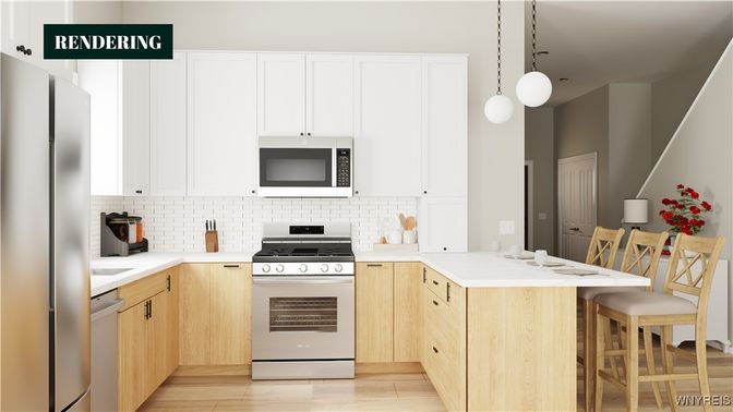 Interior, Kitchen, Pendant Lights, Stainless Steel Appliances, Wood Texture Flooring
