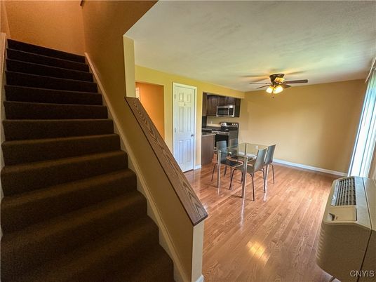 Dining room, Interior, Kitchen, Stainless Steel Appliances, Wood Texture Flooring