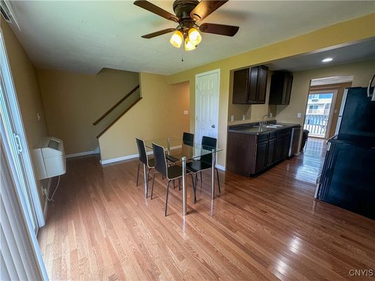 Dining room, Interior, Recessed Lighting, Wood Texture Flooring