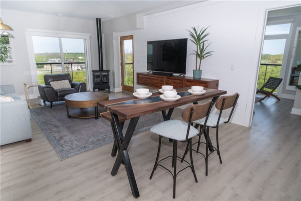 Dining room, Interior, Living room, Recessed Lighting, Wood Texture Flooring