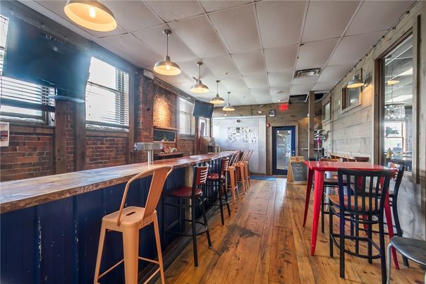 Interior, Kitchen, Pendant Lights, Stone Walls, Wood Texture Flooring