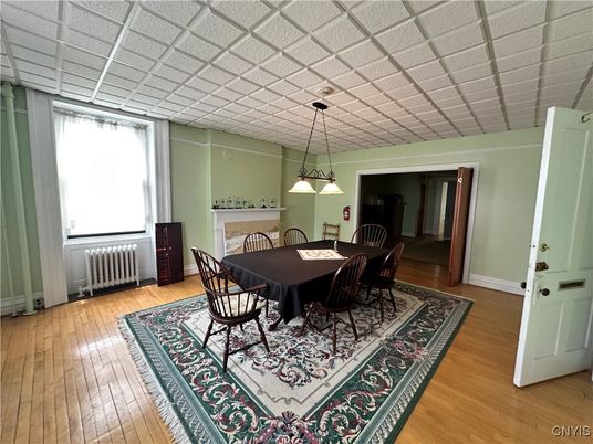 Dining room, Interior, Pendant Lights, Wood Texture Flooring