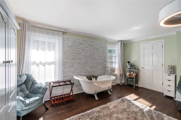 Bathroom, Free Standing Baths, Interior, Stone Walls, Wood Texture Flooring