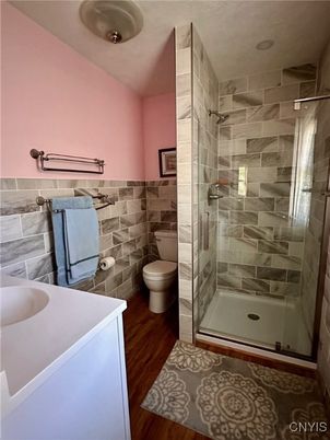 Bathroom, Glass Shower, Interior, Wood Texture Flooring